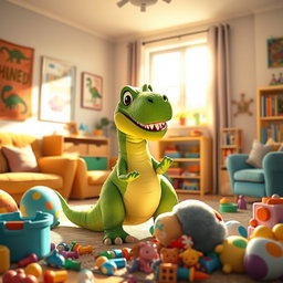 A playful dinosaur inside a cozy living room, surrounded by colorful furniture and playful decorations