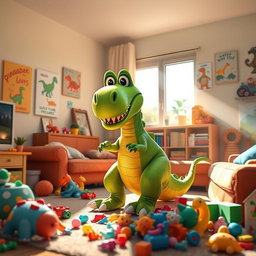 A playful dinosaur inside a cozy living room, surrounded by colorful furniture and playful decorations