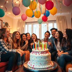A vibrant and festive scene celebrating a birthday, featuring a beautifully decorated birthday cake with colorful candles, balloons in various colors floating in the background, and streamers hanging from the ceiling