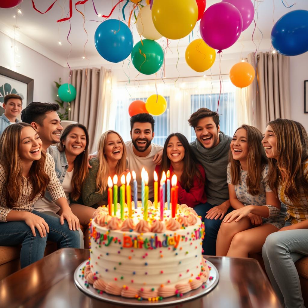 A vibrant and festive scene celebrating a birthday, featuring a beautifully decorated birthday cake with colorful candles, balloons in various colors floating in the background, and streamers hanging from the ceiling