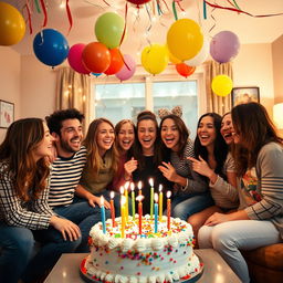 A vibrant and festive scene celebrating a birthday, featuring a beautifully decorated birthday cake with colorful candles, balloons in various colors floating in the background, and streamers hanging from the ceiling