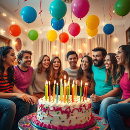 A vibrant and festive scene celebrating a birthday, featuring a beautifully decorated birthday cake with colorful candles, balloons in various colors floating in the background, and streamers hanging from the ceiling