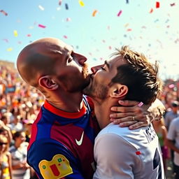 A bald man passionately kissing Lionel Messi, showcasing an intimate moment in an outdoor setting, filled with joy and celebration