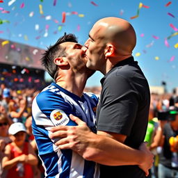 A bald man passionately kissing Lionel Messi, showcasing an intimate moment in an outdoor setting, filled with joy and celebration