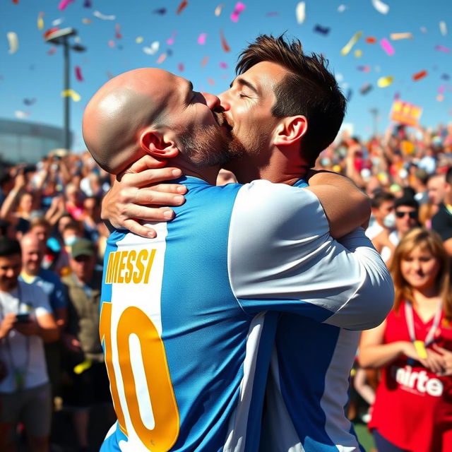 A bald man passionately kissing Lionel Messi, showcasing an intimate moment in an outdoor setting, filled with joy and celebration