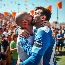 A bald man passionately kissing Lionel Messi, showcasing an intimate moment in an outdoor setting, filled with joy and celebration