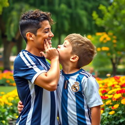 A playful scene featuring a young boy with curly hair joyfully kissing a smiling Cristiano Ronaldo