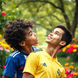 A playful scene featuring a young boy with curly hair joyfully kissing a smiling Cristiano Ronaldo