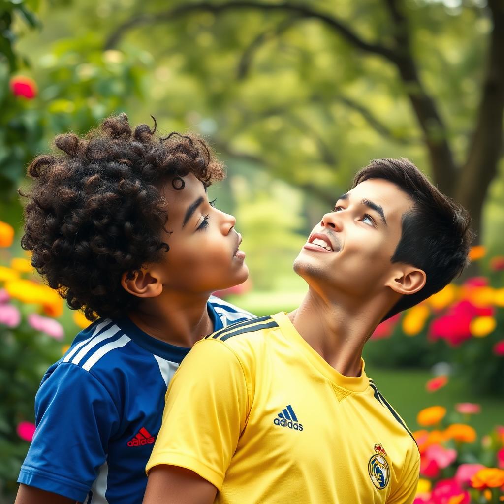 A playful scene featuring a young boy with curly hair joyfully kissing a smiling Cristiano Ronaldo