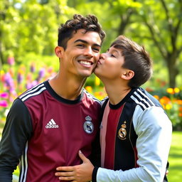 A playful scene featuring a young boy with curly hair joyfully kissing a smiling Cristiano Ronaldo
