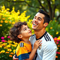 A playful scene featuring a young boy with curly hair joyfully kissing a smiling Cristiano Ronaldo