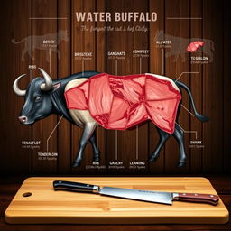 An informative and visually appealing diagram of different meat cuts from a water buffalo, showcasing various parts such as ribs, brisket, tenderloin, and shank