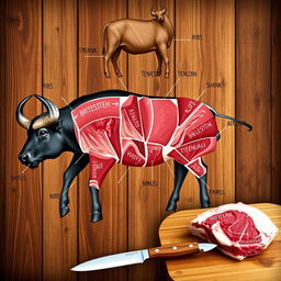 An informative and visually appealing diagram of different meat cuts from a water buffalo, showcasing various parts such as ribs, brisket, tenderloin, and shank
