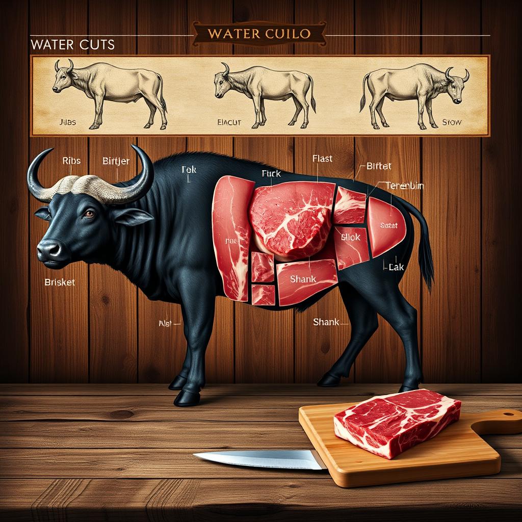 An informative and visually appealing diagram of different meat cuts from a water buffalo, showcasing various parts such as ribs, brisket, tenderloin, and shank