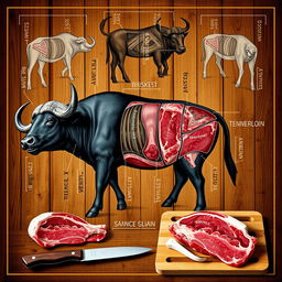 An informative and visually appealing diagram of different meat cuts from a water buffalo, showcasing various parts such as ribs, brisket, tenderloin, and shank