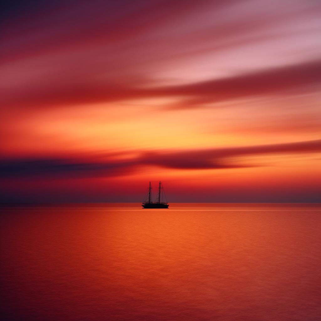 A captivating panoramic view of a sea sunset, with vibrant orange and pink hues painting the sky. The light is shimmering on the calm water, with a silhouetted ship sailing in the distance.