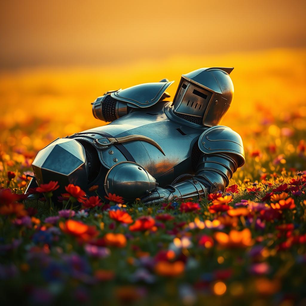 A full-body knight in shining armor, lying on his back on a flower-covered ground, resting peacefully