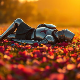 A full-body knight in shining armor, lying on his back on a flower-covered ground, resting peacefully