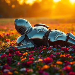 A full-body knight in shining armor, lying on his back on a flower-covered ground, resting peacefully