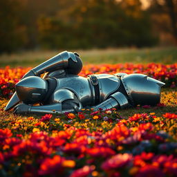 A full-body knight in shining armor, lying on his back on a flower-covered ground, resting peacefully