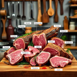 An artistic display of various cuts of carabao meat, arranged beautifully on a wooden butcher's block