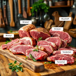 An artistic display of various cuts of carabao meat, arranged beautifully on a wooden butcher's block