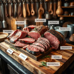 An artistic display of various cuts of carabao meat, arranged beautifully on a wooden butcher's block