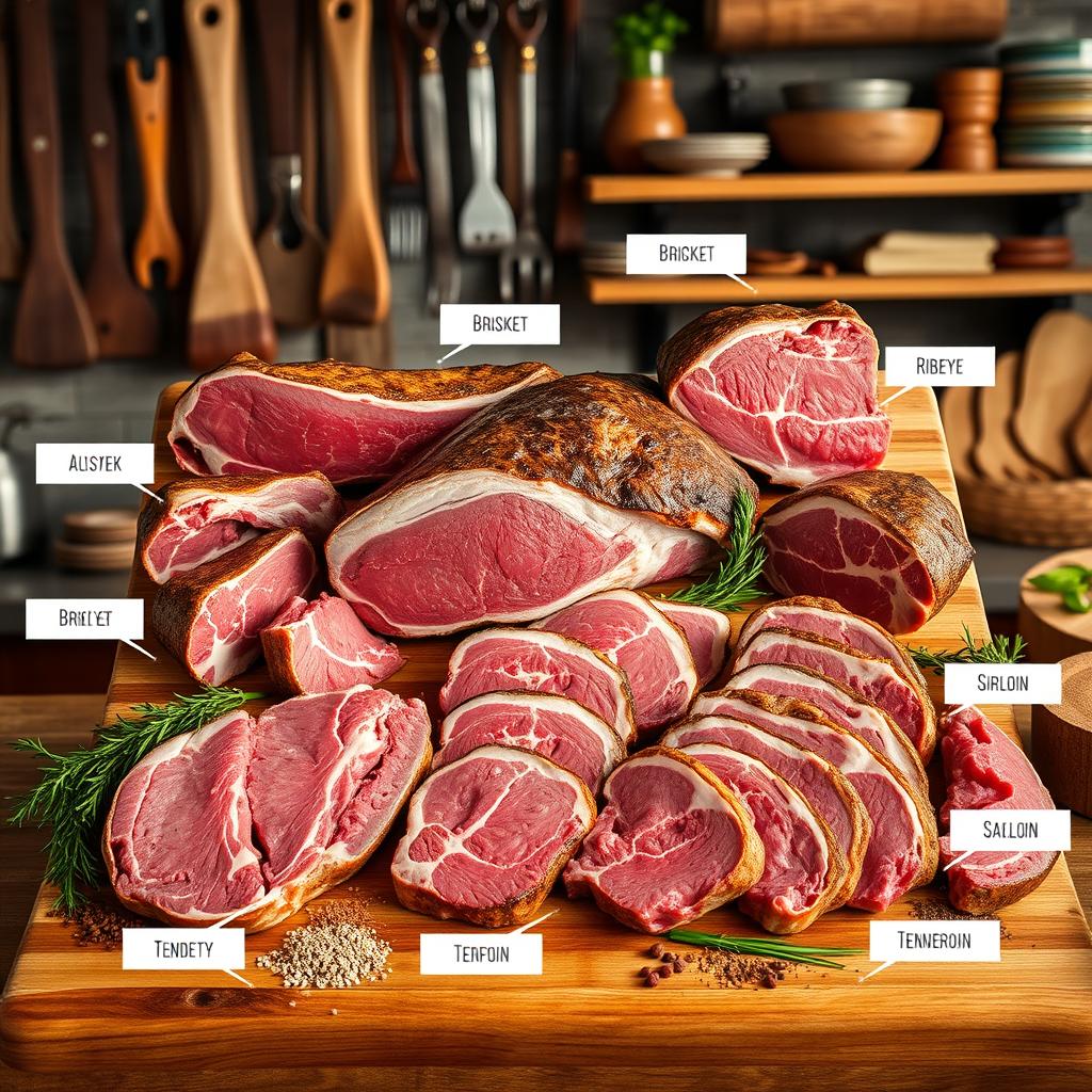 An artistic display of various cuts of carabao meat, arranged beautifully on a wooden butcher's block