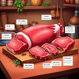 A detailed and informative illustration showcasing various cuts of carabao meat, arranged artistically on a wooden butcher block