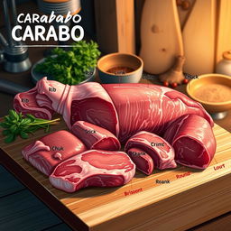 A detailed and informative illustration showcasing various cuts of carabao meat, arranged artistically on a wooden butcher block
