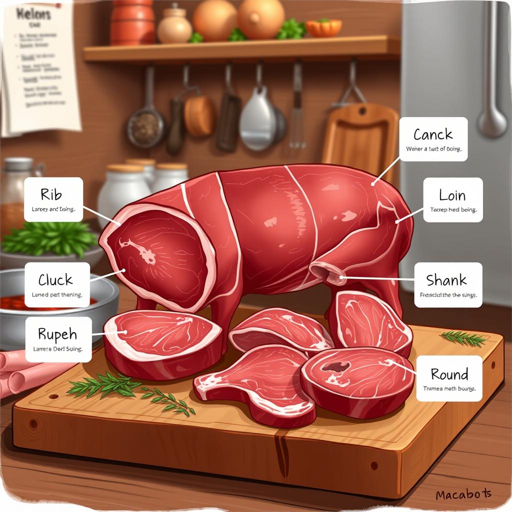 A detailed and informative illustration showcasing various cuts of carabao meat, arranged artistically on a wooden butcher block