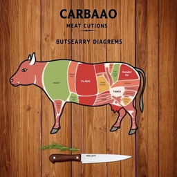 A detailed diagram showcasing the various meat cuts of a carabao, prominently displaying cuts such as brisket, flank, rib, shoulder, and leg