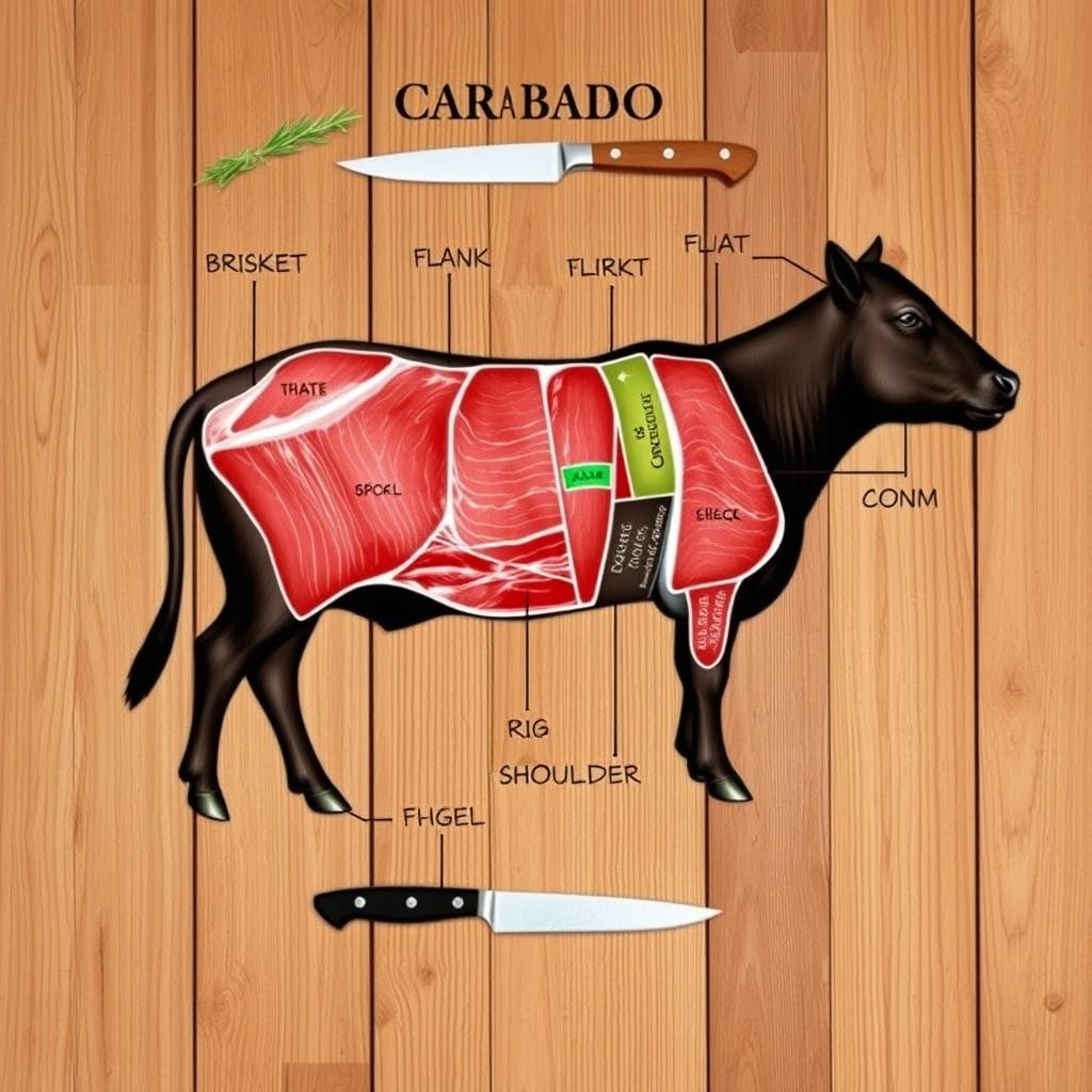 A detailed diagram showcasing the various meat cuts of a carabao, prominently displaying cuts such as brisket, flank, rib, shoulder, and leg