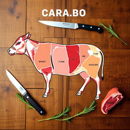 A detailed diagram showcasing the various meat cuts of a carabao, prominently displaying cuts such as brisket, flank, rib, shoulder, and leg