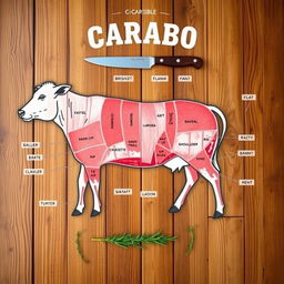 A detailed diagram showcasing the various meat cuts of a carabao, prominently displaying cuts such as brisket, flank, rib, shoulder, and leg