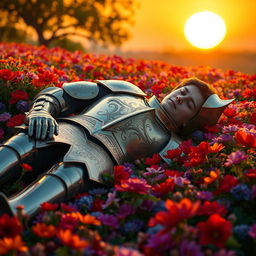 A serene scene featuring a full-body knight in shining armor, lying peacefully on a lush flower-covered ground