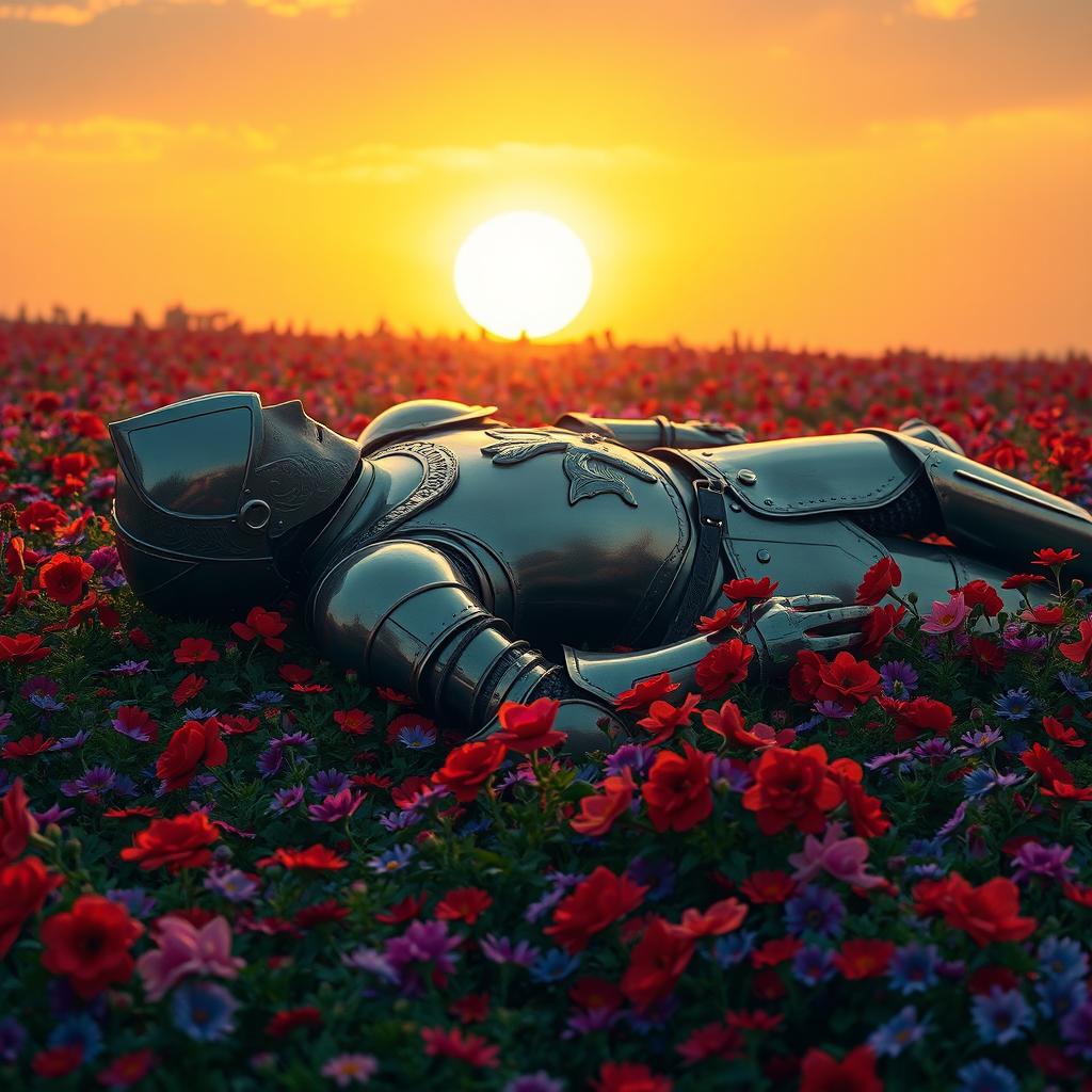 A serene scene featuring a full-body knight in shining armor, lying peacefully on a lush flower-covered ground