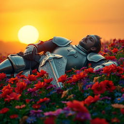 A serene scene featuring a full-body knight in shining armor, lying peacefully on a lush flower-covered ground