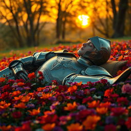 A serene scene featuring a full-body knight in shining armor, lying peacefully on a lush flower-covered ground