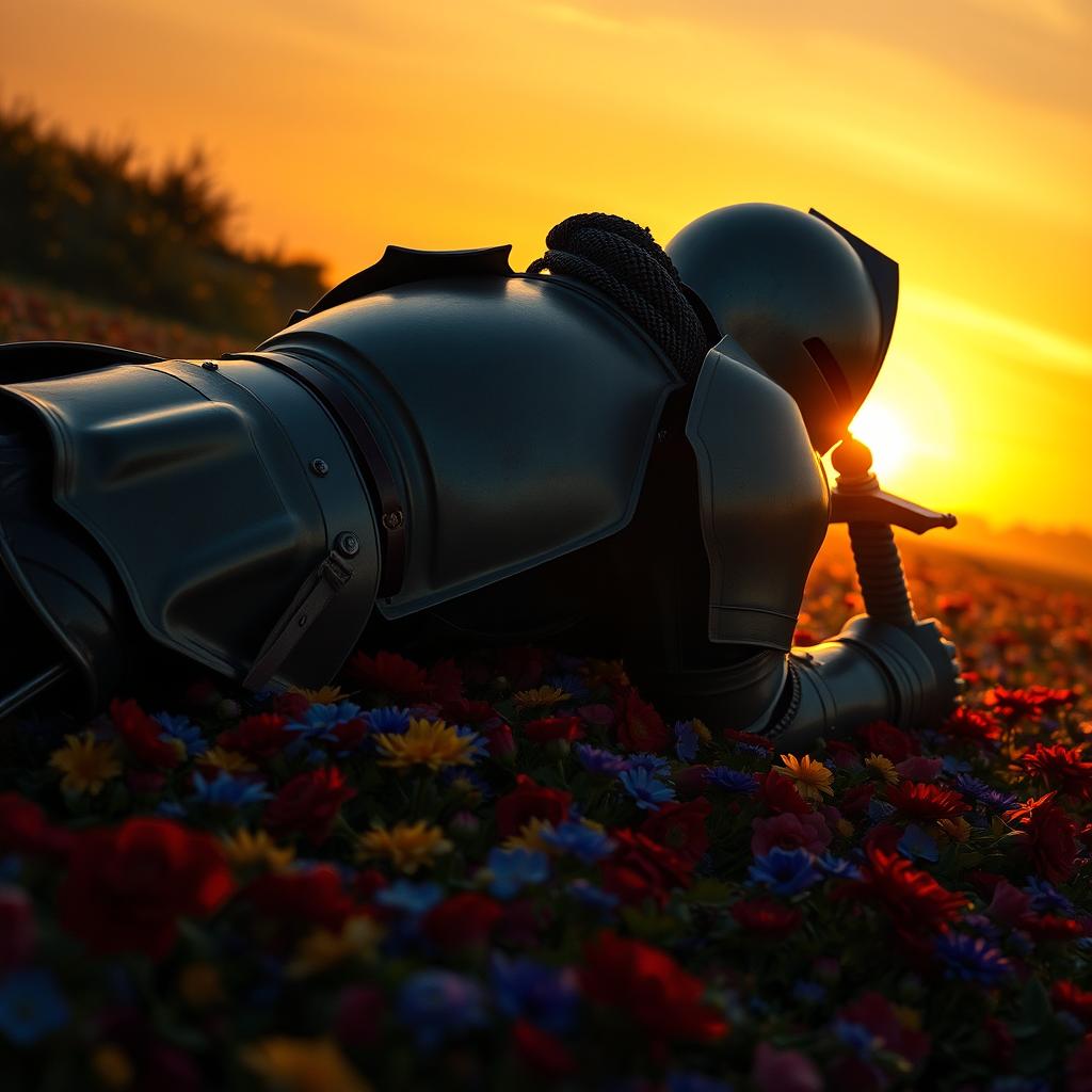 A full-body knight in armor, lying on a flower-covered ground, positioned at a slight angle, viewed from the side and slightly above, with his entire body visible
