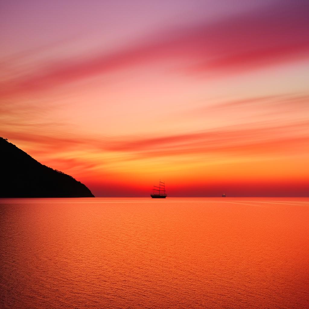 A captivating panoramic view of a sea sunset, with vibrant orange and pink hues painting the sky. The light is shimmering on the calm water, with a silhouetted ship sailing in the distance.