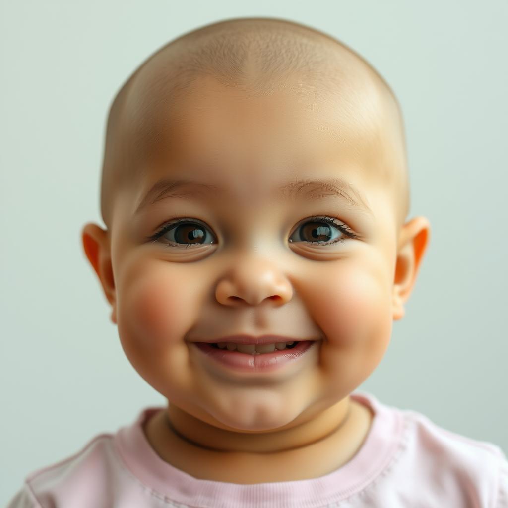 A clear symmetrical facial portrait of a chubby girl with a smooth bald head, bright expressive eyes, and a warm smile