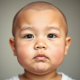 A clear symmetrical facial portrait of a chubby girl with a smooth bald head, devoid of any expression