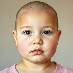 A clear symmetrical facial portrait of a chubby girl with a smooth bald head, devoid of any expression