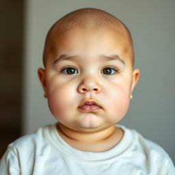 A clear symmetrical facial portrait of a chubby girl with a smooth bald head, devoid of any expression