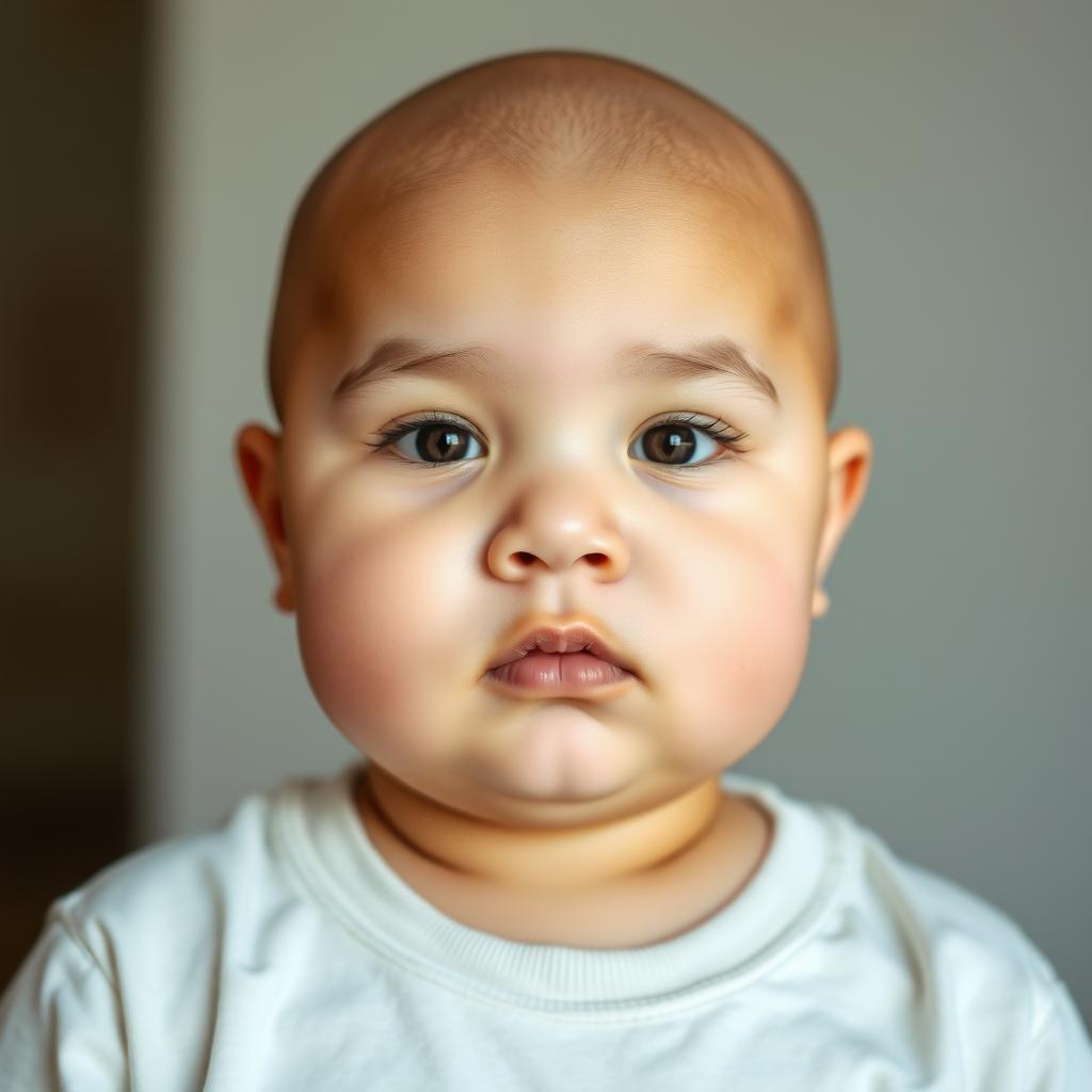 A clear symmetrical facial portrait of a chubby girl with a smooth bald head, devoid of any expression