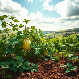 A vibrant and lush landscape featuring a large melon plant, with sprawling green vines and bright, round melons hanging from the leaves