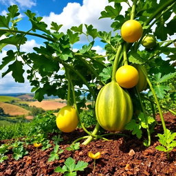 A vibrant and lush landscape featuring a large melon plant, with sprawling green vines and bright, round melons hanging from the leaves