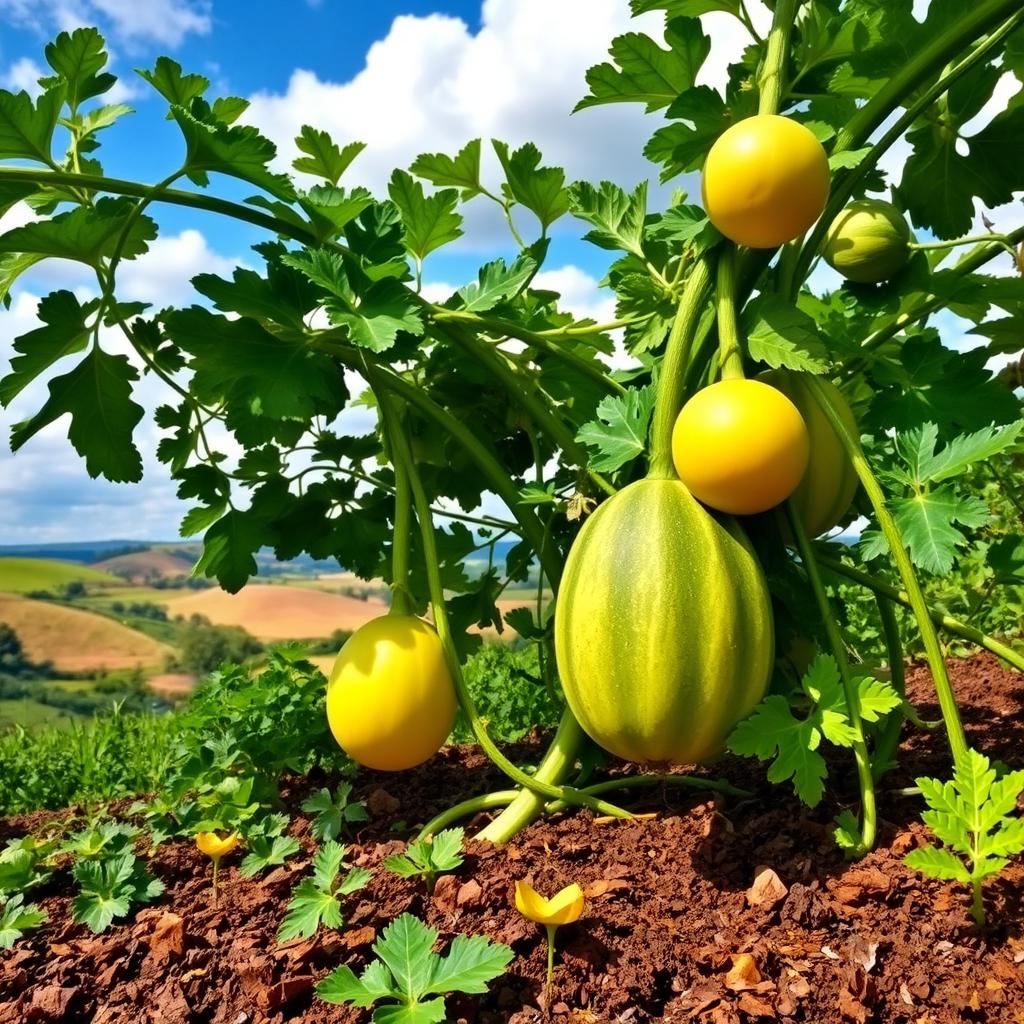A vibrant and lush landscape featuring a large melon plant, with sprawling green vines and bright, round melons hanging from the leaves