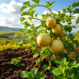 A vibrant and lush landscape featuring a large melon plant, with sprawling green vines and bright, round melons hanging from the leaves